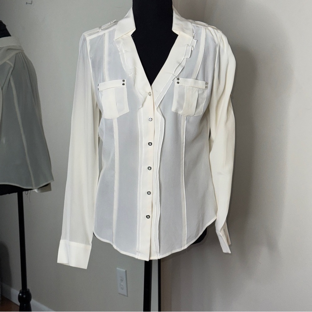 White House Black Market Button Down Silk Blouse White Size 6